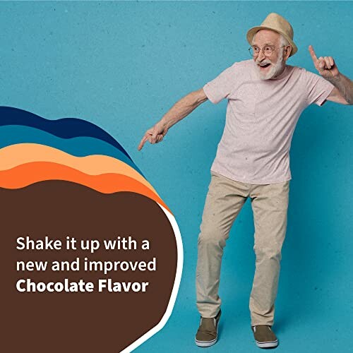 Elderly man dancing, promoting new chocolate flavor.