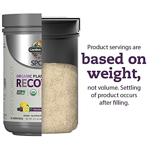 Container of organic plant-based post-workout recovery powder with text about product servings based on weight.