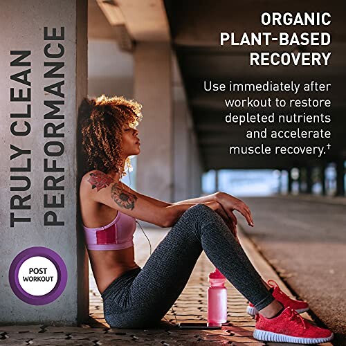 Woman sitting post-workout with organic plant-based recovery message.